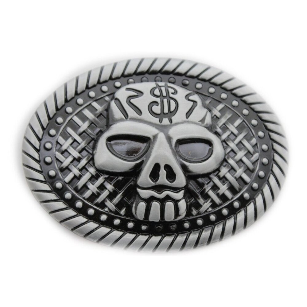 Men Women Silver Metal Belt Buckle Big Size Oval Shape Skull Skeleton Halloween